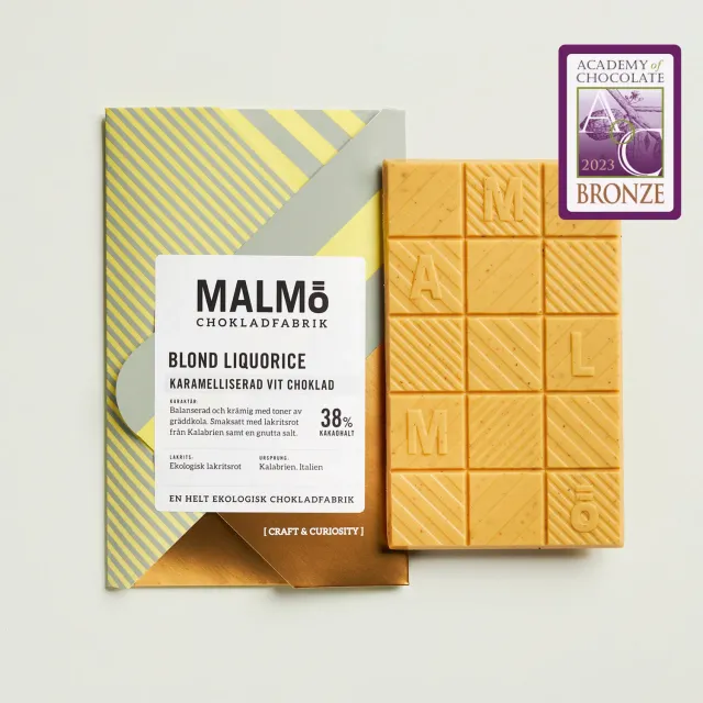 Malmö chokladfabrik Blond Liquorice 38% chokolade 58g lakrids