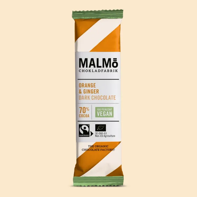 Malmö Chokoladefabrik Orange & Ginger 70% chokoladebar 25g mørk