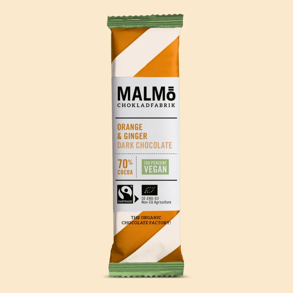 Malmö Orange & Ginger mørk chokolade 70% 25g appelsin ingefær