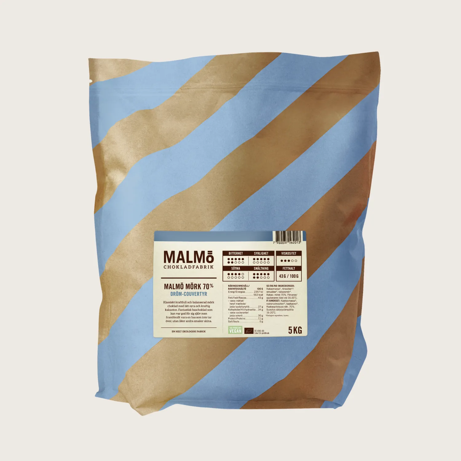 Malmö Chokoladefabrik Mørk 70% couverture 5 kg mørk chokolade