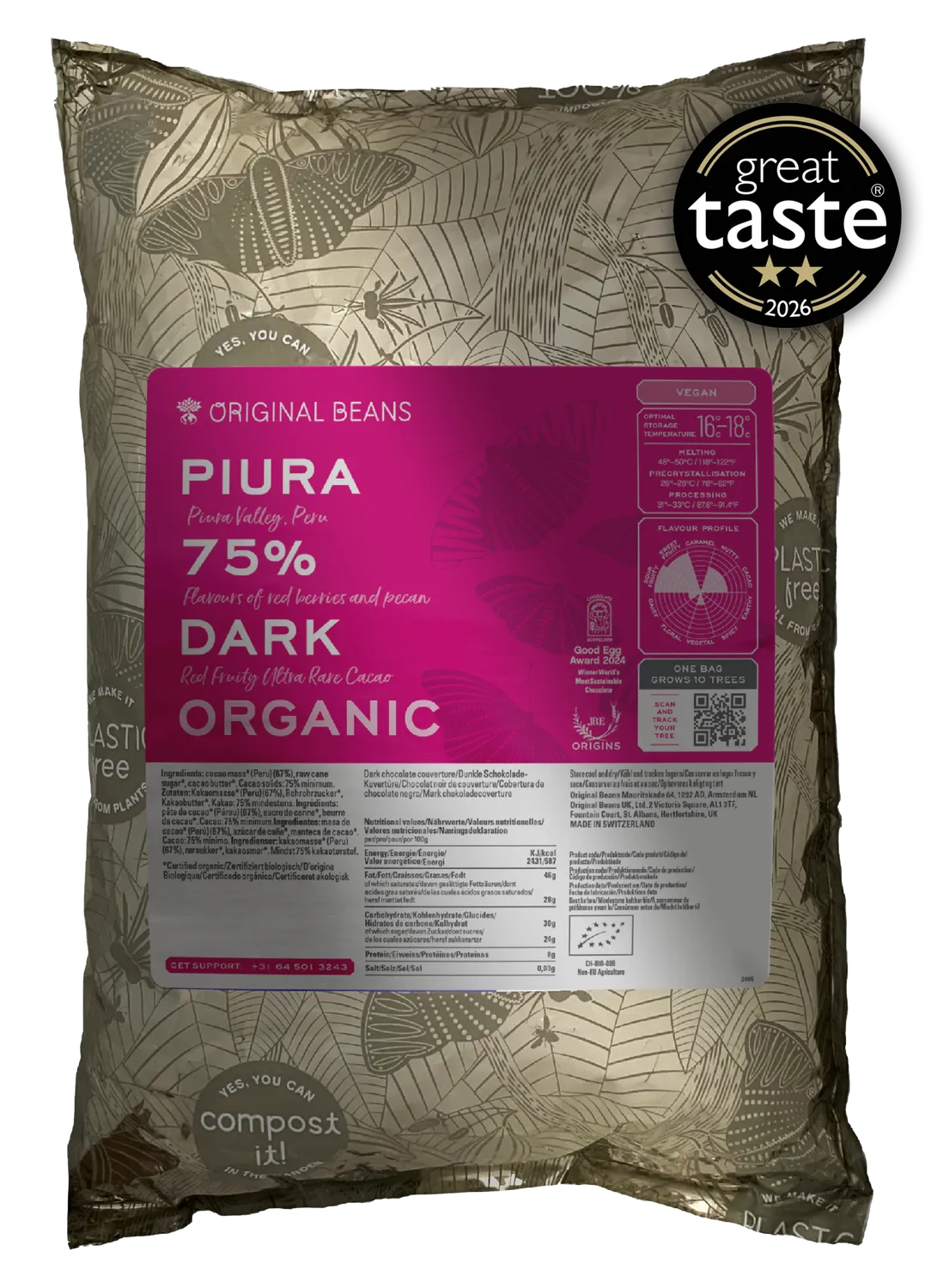 Original Beans Piura 75% mørk chokolade 70g hindbær