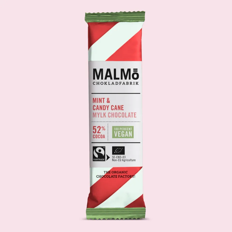 Malmö Mint & Candy Cane chokoladebar 52% 25g vegansk