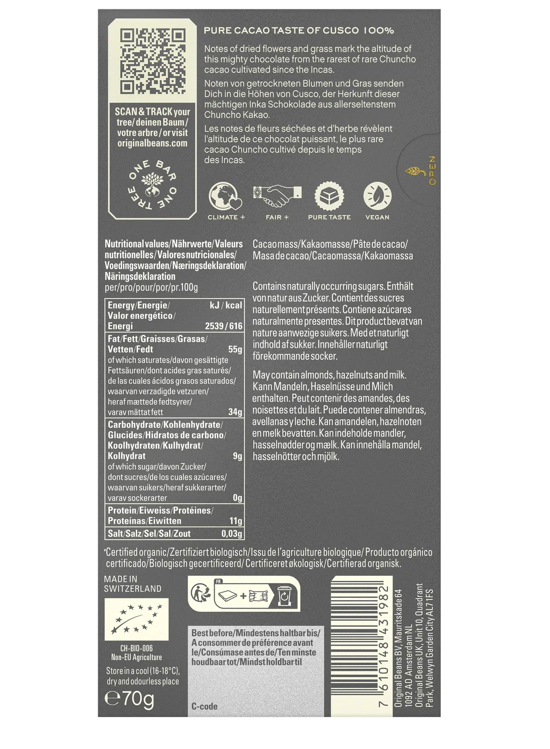 Original Beans Cusco 100% chokoladebar 70g usødet mørk