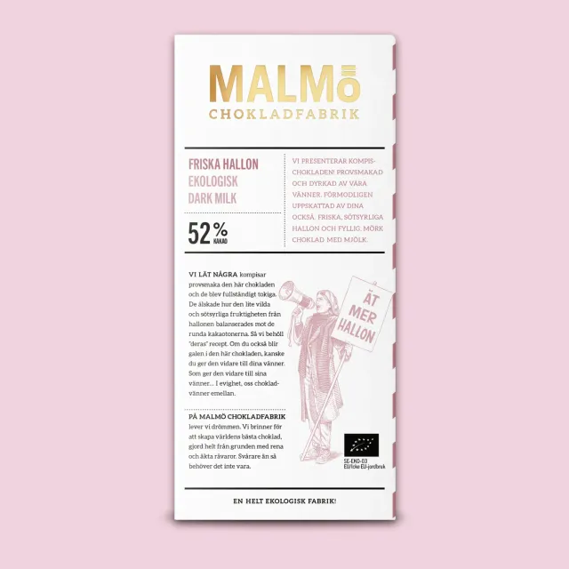 Malmö chokladfabrik Friska Hallon 52% chokoladebar 80g hindbær