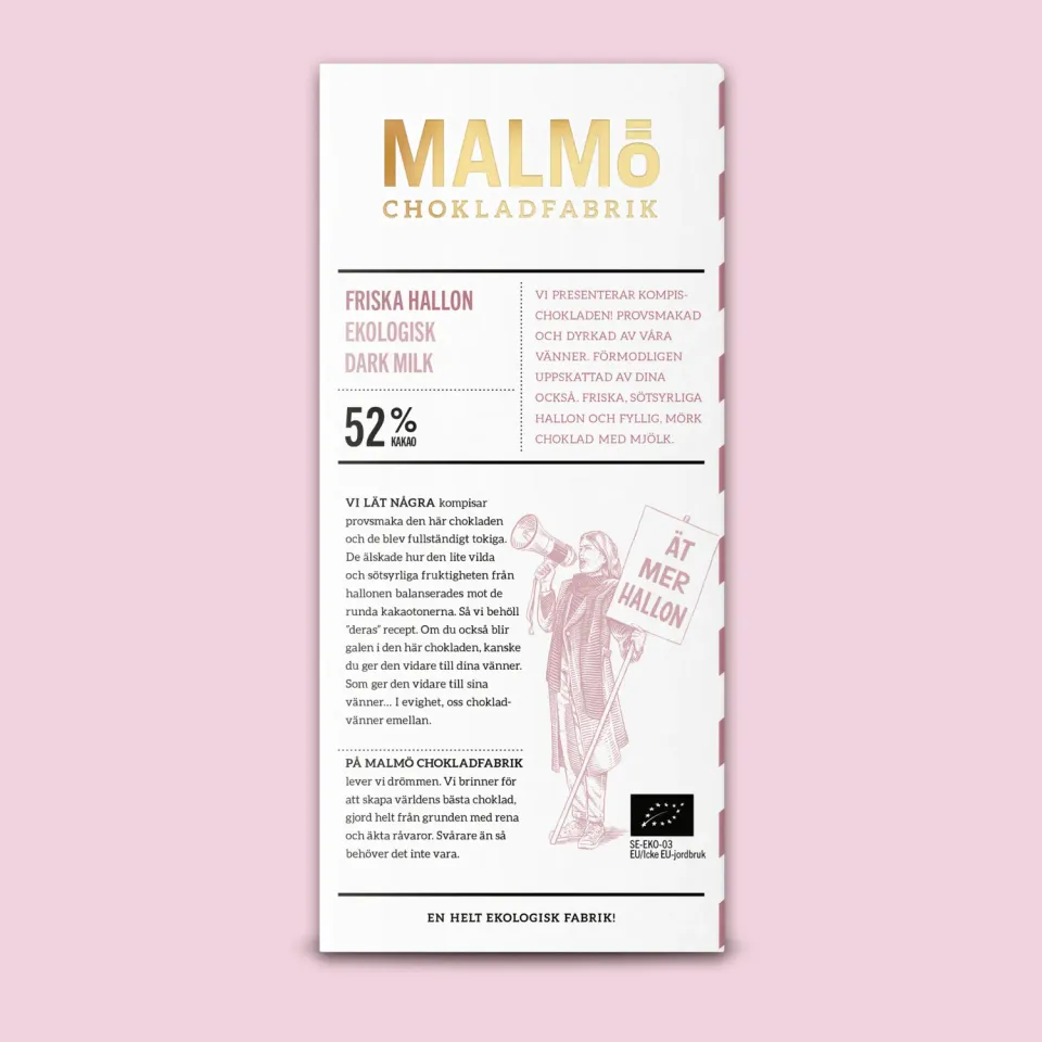 Malmö Chokoladefabrik Friska Hallon 80g dark milk hindbær
