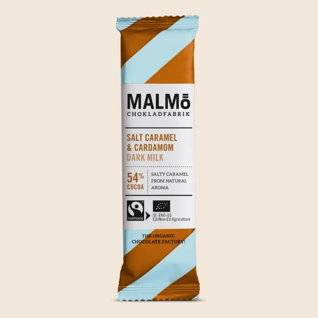 Malmö chokladfabrik Salt Caramel Cardamom 54% chokoladebar 25g dark milk