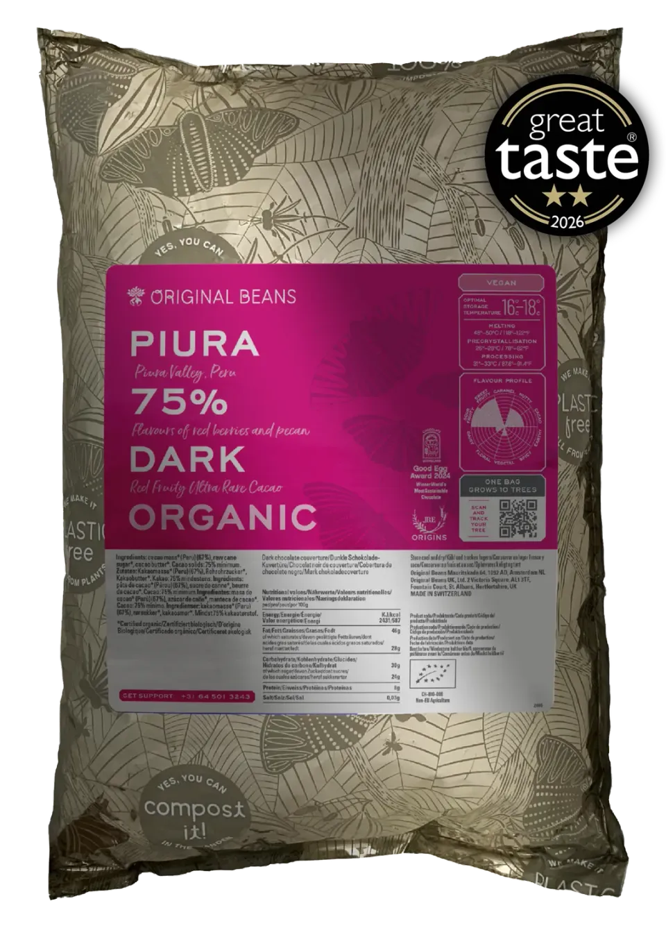 Original Beans Piura 75% mørk chokolade 70g hindbær