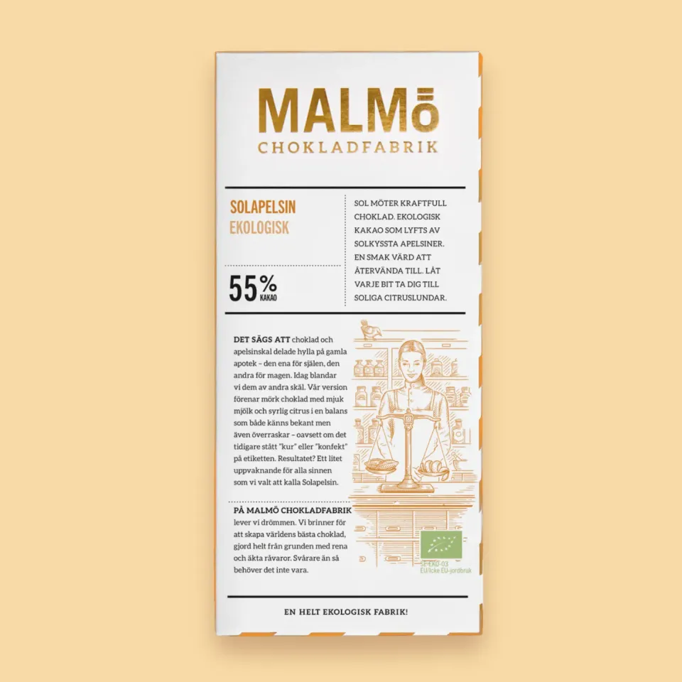 Malmö Chokoladefabrik Solapelsin mørk chokolade 80g appelsin