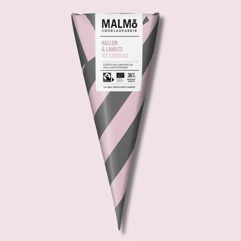 Malmö chokladfabrik Hallon Lakrits hvid chokolade 90g strut