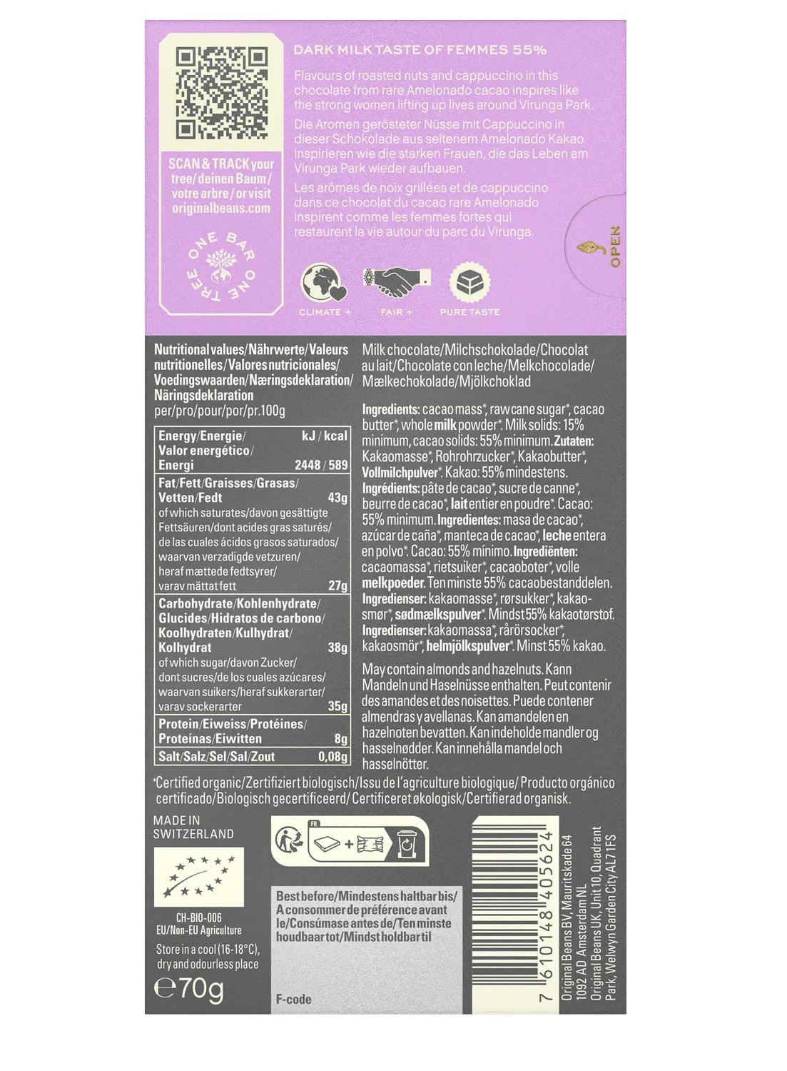 Original Beans Femmes Virunga 55% mørk chokolade 70g nød