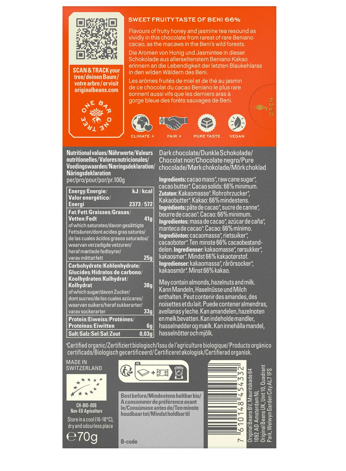 Original Beans Beni Wild 66% mørk chokolade 70g honning