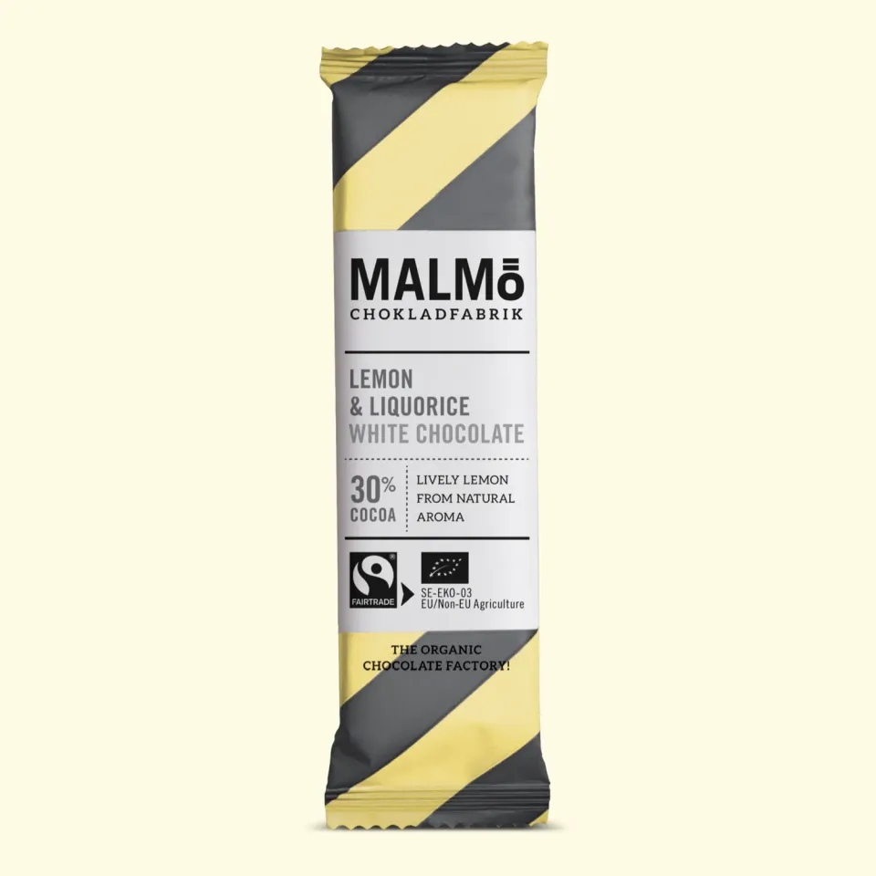 Malmö Chokoladefabrik Lemon & Liquorice 25g hvid chokolade