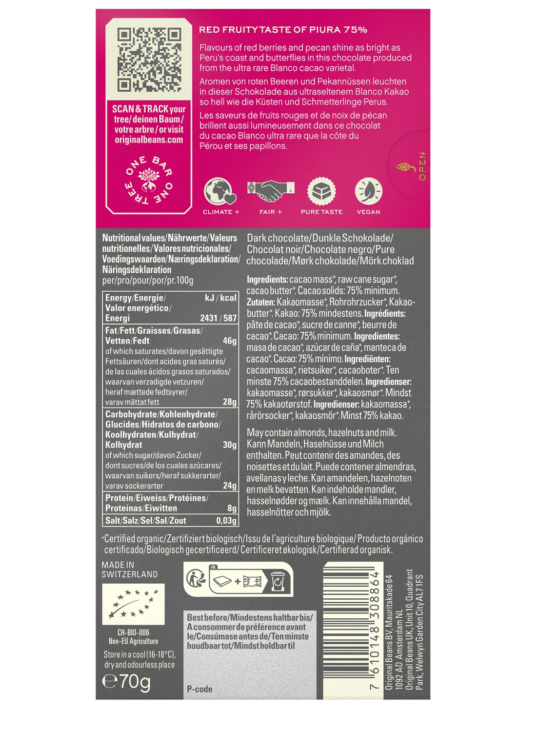 Original Beans Piura 75% mørk chokolade 70g hindbær